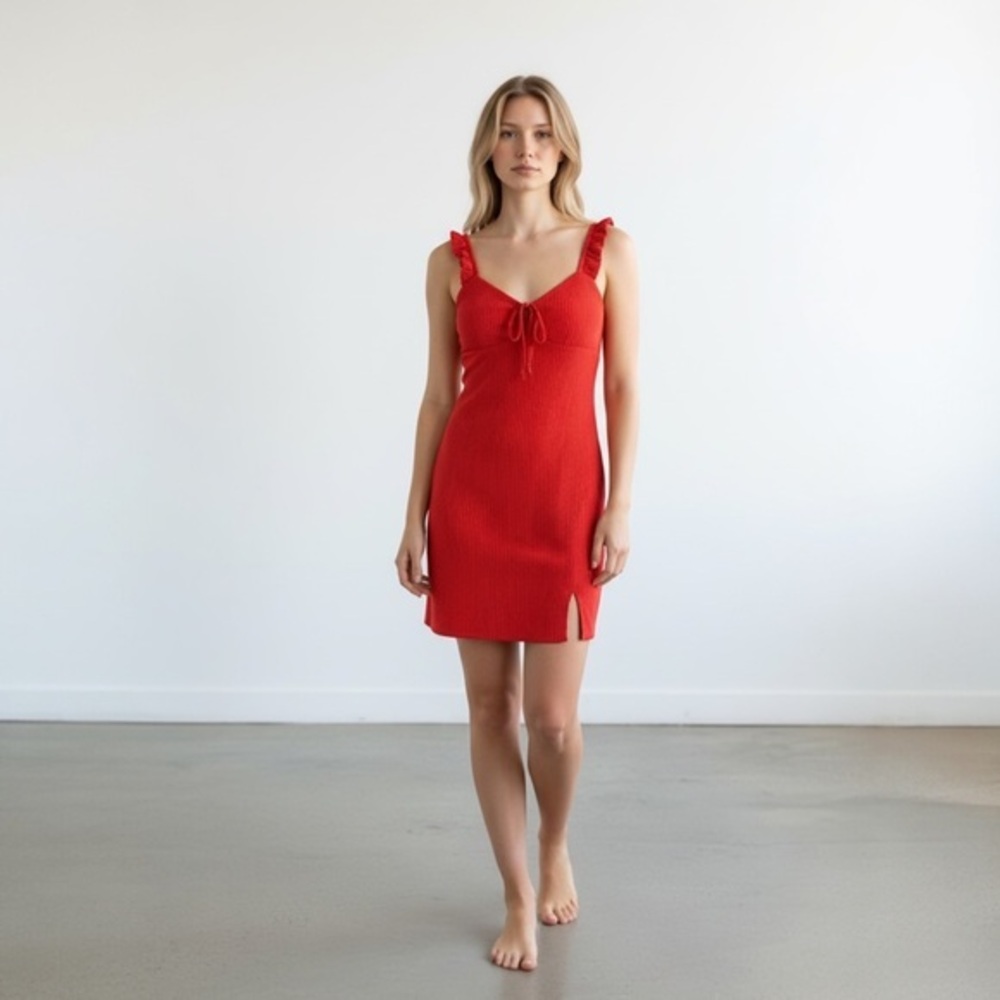 No Boundaries Dress Womens XS Red Ribbed Knit Bodycon Mini Ruched Tie